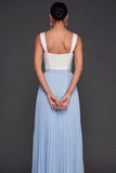 Pleated Black and Blue A Line Long Formal Dress with Slit