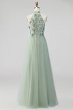 Halter Neck Dusty Sage Floral Long Formal Dress with Slit