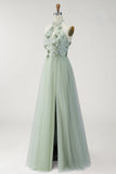 Halter Neck Dusty Sage Floral Long Formal Dress with Slit