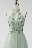 Halter Neck Dusty Sage Floral Long Formal Dress with Slit