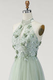 Halter Neck Dusty Sage Floral Long Formal Dress with Slit