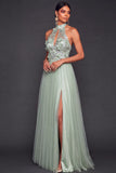 Halter Neck Dusty Sage Floral Long Formal Dress with Slit