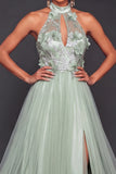Halter Neck Dusty Sage Floral Long Formal Dress with Slit