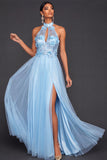 Halter Neck Dusty Sage Floral Long Formal Dress with Slit
