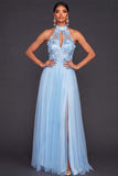 Halter Neck Dusty Sage Floral Long Formal Dress with Slit