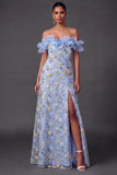 Light Blue Floral Ruffled Embroidered Long Formal Dress with Slit