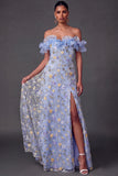 Light Blue Floral Ruffled Embroidered Long Formal Dress with Slit