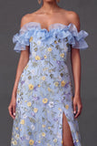 Light Blue Floral Ruffled Embroidered Long Formal Dress with Slit