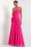 Fuchsia A Line Strapless Backless Long Formal Dress with 3D Flower