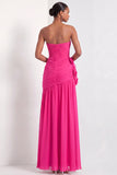 Fuchsia A Line Strapless Backless Long Formal Dress with 3D Flower