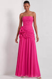 Fuchsia A Line Strapless Backless Long Formal Dress with 3D Flower