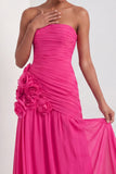 Fuchsia A Line Strapless Backless Long Formal Dress with 3D Flower