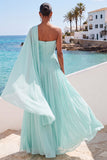 Mint Green A Line One Shoulder Pleated Long Formal Dress with Cape