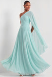 Mint Green A Line One Shoulder Pleated Long Formal Dress with Cape