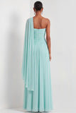 Mint Green A Line One Shoulder Pleated Long Formal Dress with Cape