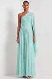 Mint Green A Line One Shoulder Pleated Long Formal Dress with Cape