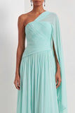 Mint Green A Line One Shoulder Pleated Long Formal Dress with Cape