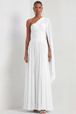 Mint Green A Line One Shoulder Pleated Long Formal Dress with Cape