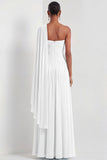 Mint Green A Line One Shoulder Pleated Long Formal Dress with Cape