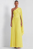 Mint Green A Line One Shoulder Pleated Long Formal Dress with Cape