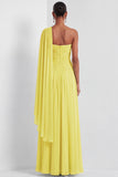 Mint Green A Line One Shoulder Pleated Long Formal Dress with Cape