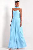 Light Green Pleated A Line Sweetheart Long Formal Dress with Neck Scarf
