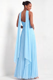 Light Green Pleated A Line Sweetheart Long Formal Dress with Neck Scarf
