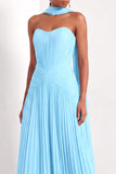 Light Green Pleated A Line Sweetheart Long Formal Dress with Neck Scarf