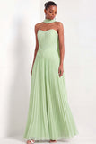 Light Green Pleated A Line Sweetheart Long Formal Dress with Neck Scarf