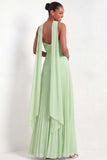 Light Green Pleated A Line Sweetheart Long Formal Dress with Neck Scarf