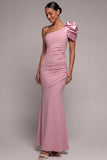 One Shoulder Ruched Dusty Rose Long Formal Dress