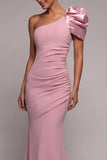 One Shoulder Ruched Dusty Rose Long Formal Dress