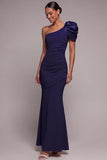 One Shoulder Ruched Dusty Rose Long Formal Dress