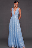 Sparkly Glitter A Line Light Blue Long Formal Dress