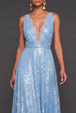Sparkly Glitter A Line Light Blue Long Formal Dress