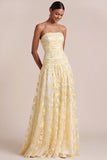 A Line Floral Light Yellow Appliqued Long Formal Dress