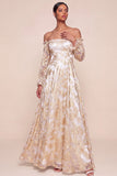 Champagne Floral Off the Shoulder A Line Long Formal Dress
