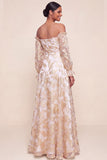 Champagne Floral Off the Shoulder A Line Long Formal Dress