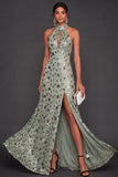 Halter Neck Dusty Sage Floral Sparkly Sequined Long Formal Dress with Slit