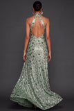 Halter Neck Dusty Sage Floral Sparkly Sequined Long Formal Dress with Slit