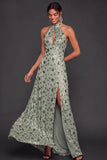 Halter Neck Dusty Sage Floral Sparkly Sequined Long Formal Dress with Slit