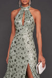 Halter Neck Dusty Sage Floral Sparkly Sequined Long Formal Dress with Slit