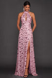 Halter Neck Dusty Sage Floral Sparkly Sequined Long Formal Dress with Slit
