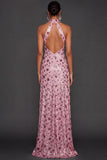 Halter Neck Dusty Sage Floral Sparkly Sequined Long Formal Dress with Slit