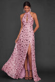 Halter Neck Dusty Sage Floral Sparkly Sequined Long Formal Dress with Slit