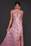 Halter Neck Dusty Sage Floral Sparkly Sequined Long Formal Dress with Slit