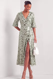 Half Sleeves Dusty Sage Floral Sparkly Long Formal Dress with Slit