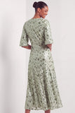 Half Sleeves Dusty Sage Floral Sparkly Long Formal Dress with Slit