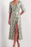 Half Sleeves Dusty Sage Floral Sparkly Long Formal Dress with Slit