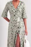 Half Sleeves Dusty Sage Floral Sparkly Long Formal Dress with Slit